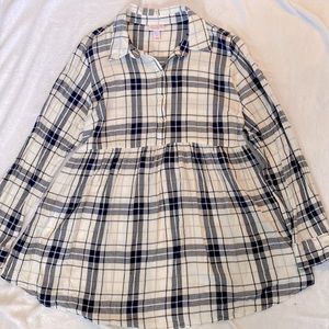 Long Sleeve Plaid Flannel Peplum Hem Shirt